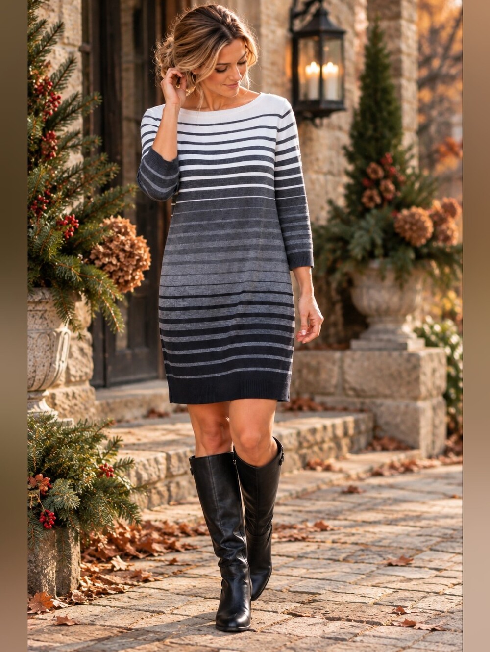Lauren Ralph Lauren Striped Sweater Dress S Ombre Cotton Knit Boat Neck